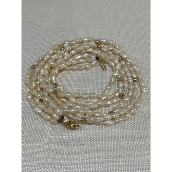 3 Strand Freshwater Rice Pearl Necklace 18" With 14k Yellow Gold Clasp & Beads - Picture 3 of 9